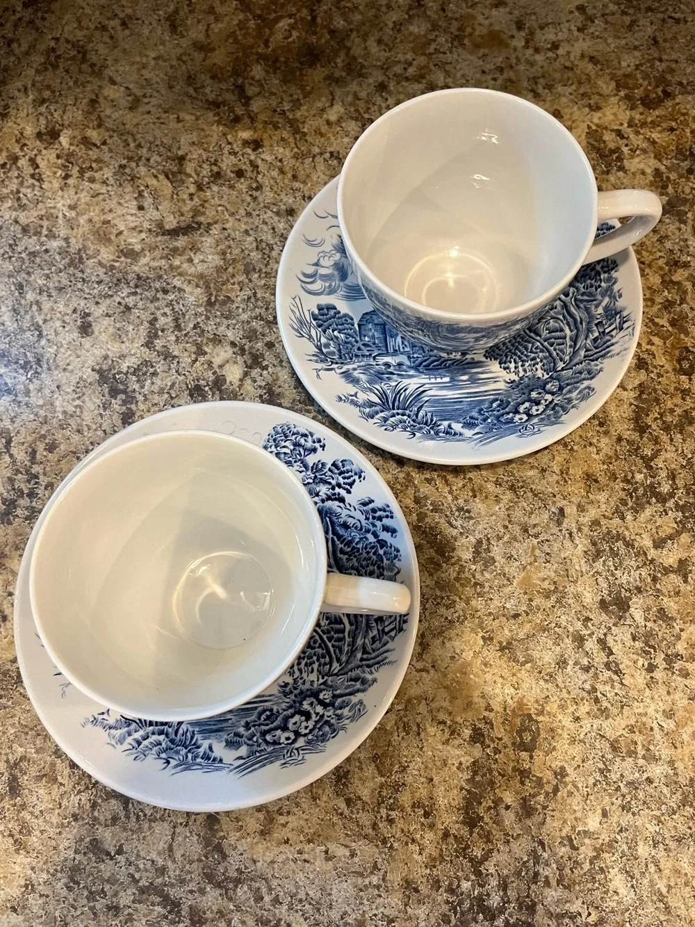 Wedgwood Countryside Teacups and Saucers Set of 2 Blue and White, England